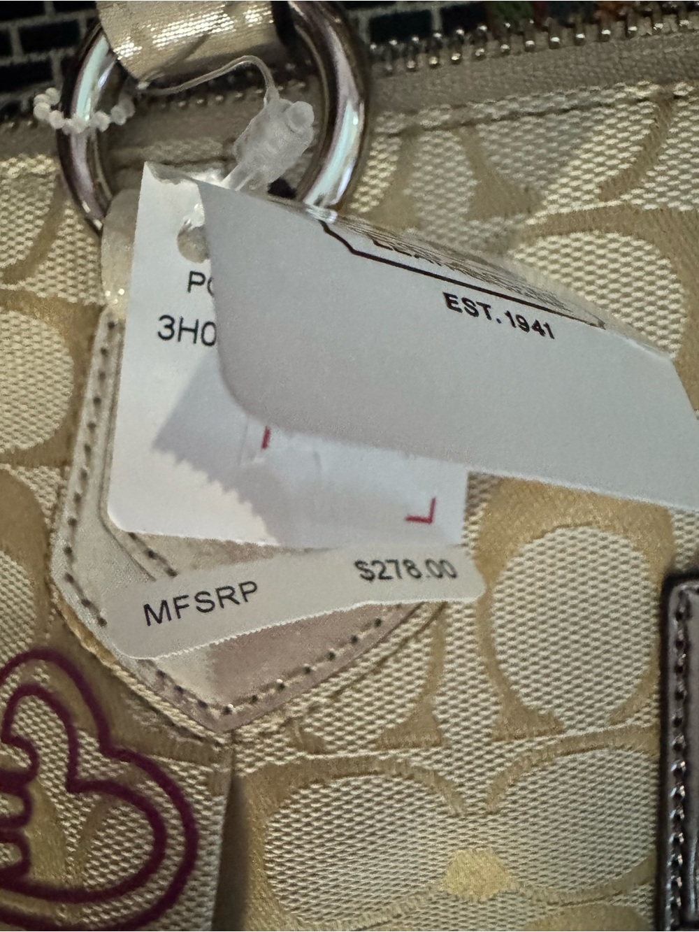 NWT COACH Poppy Canvas Handbag Beige Purple Heart Flower Embroidery Authentic - Picture 6 of 16